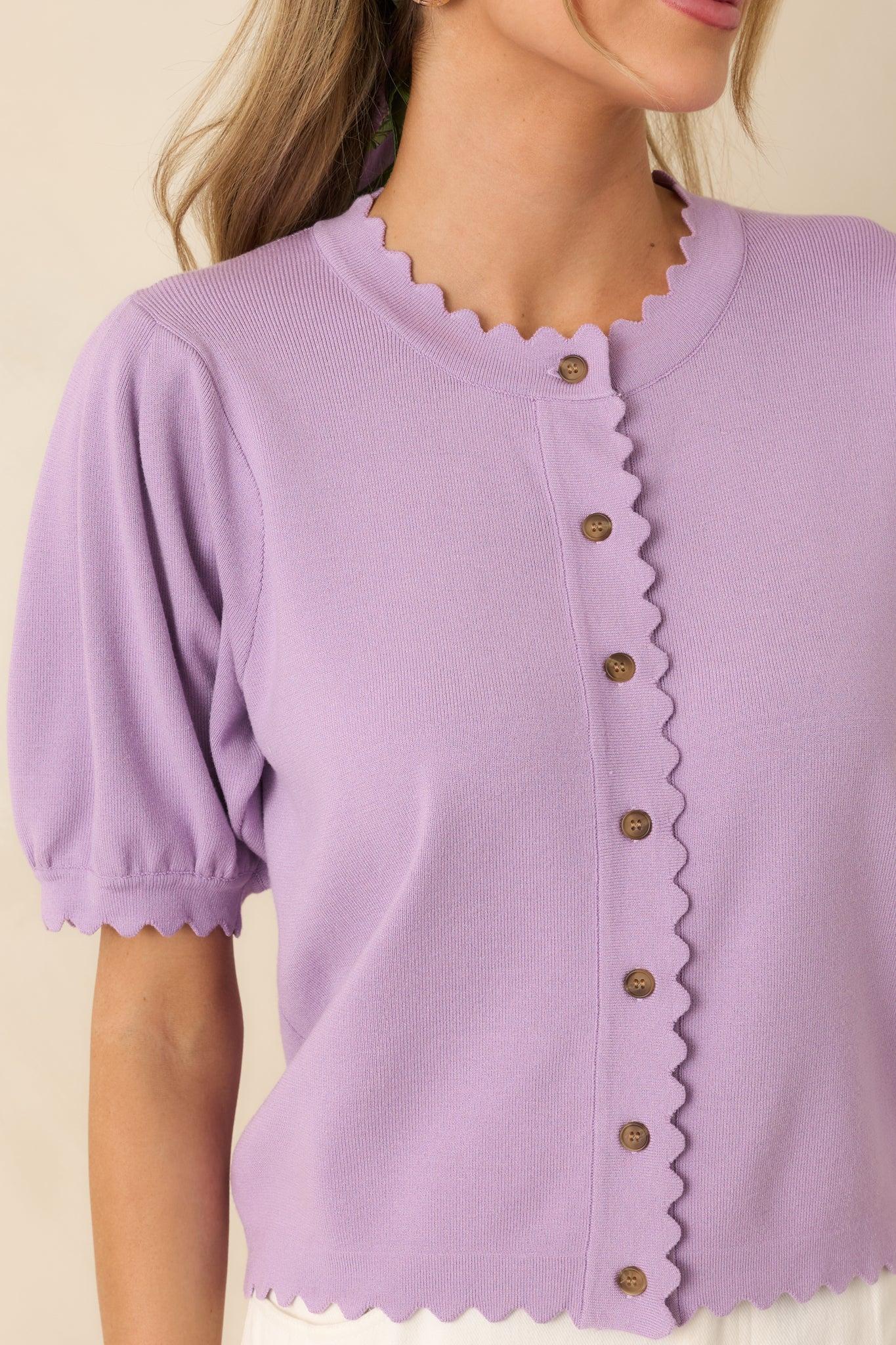 Simply So Cute Lavender Knit Scalloped Edge Puff Sleeve Button Up Cardigan Product Image