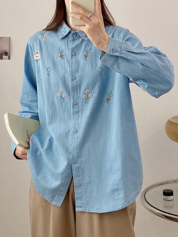 Vintage Bear Flower Embroidery Denim Blouses&Shirts Product Image