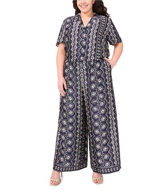 CeCe Plus Size Woven Notch Collar Short Sleeve Button Front Camp Coordinating Shirt Product Image