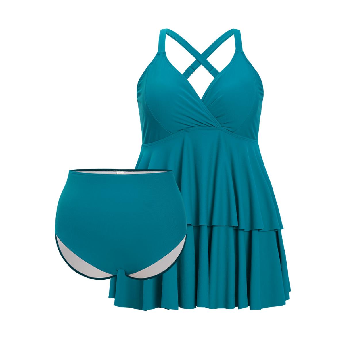 Plus Size Surplice Neck Ruffle Tiered Crossover Adjustable Straps Swim Dress Women's Swimwear Cerulean Vacation Bodycon V-neck High stretch Curve Swim Dresses BloomChic 12/L Product Image