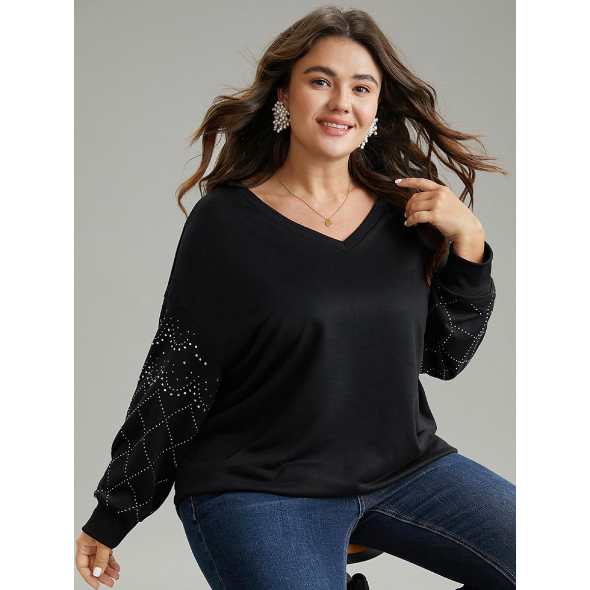 Plus Size Rhinestone Plain Drop Shoulder Sweatshirt Women Black Elegant Rib Knit V-neck Dailywear Sweatshirts BloomChic 18-20/2X Product Image