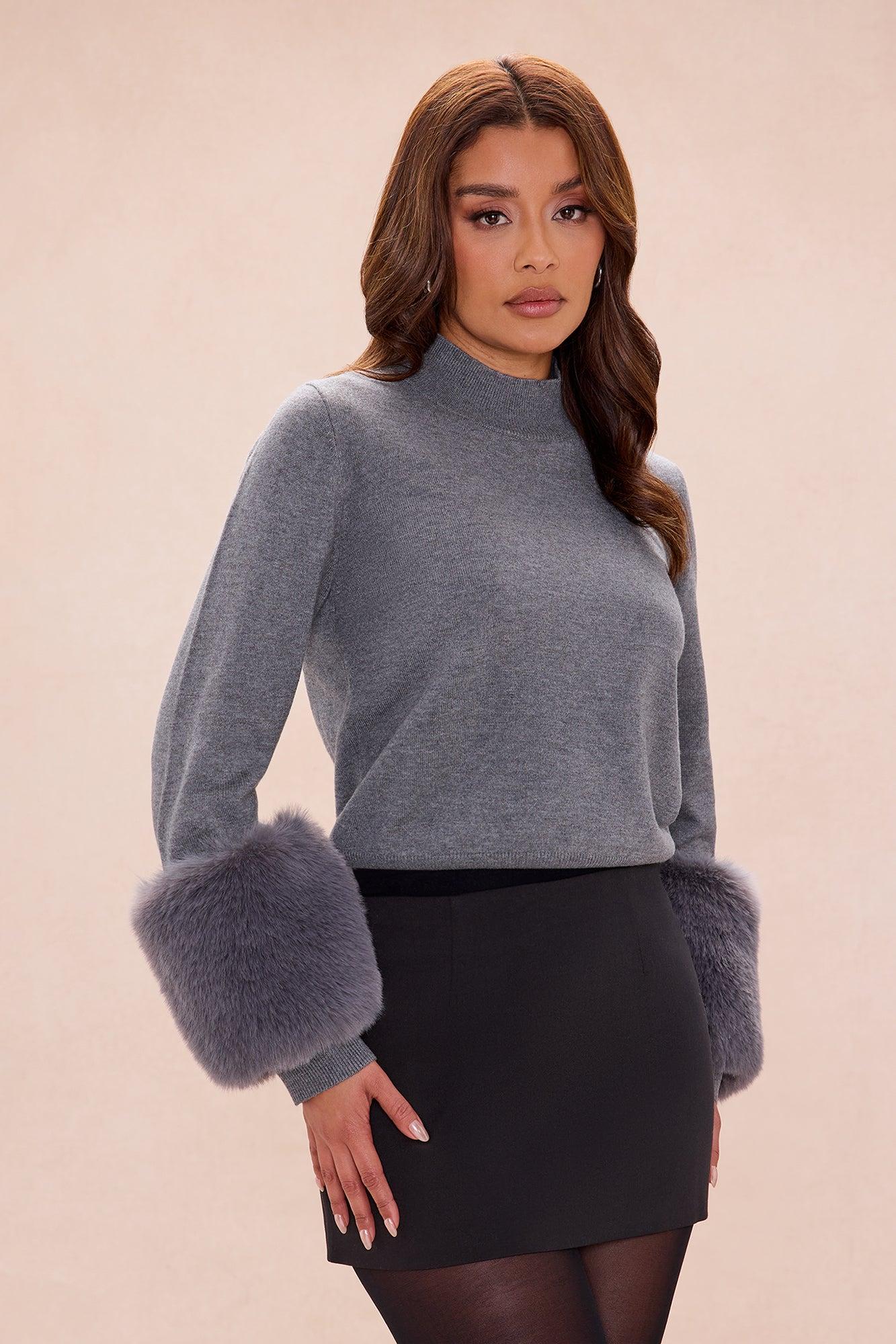 Keep Warm Fur Cuff Sweater - Grey Female Product Image
