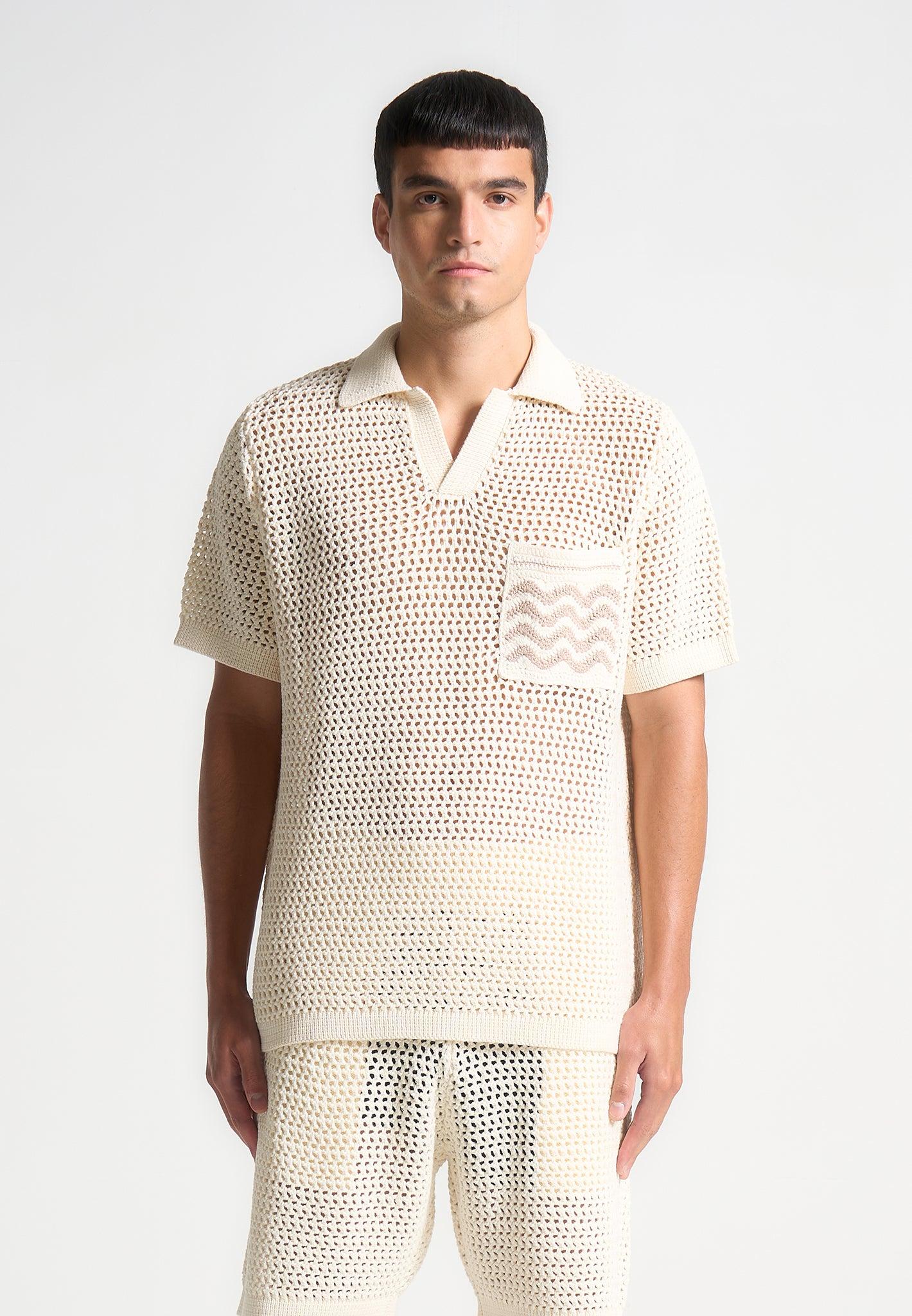 Crochet Knit Polo Shirt  - Cream Male Product Image