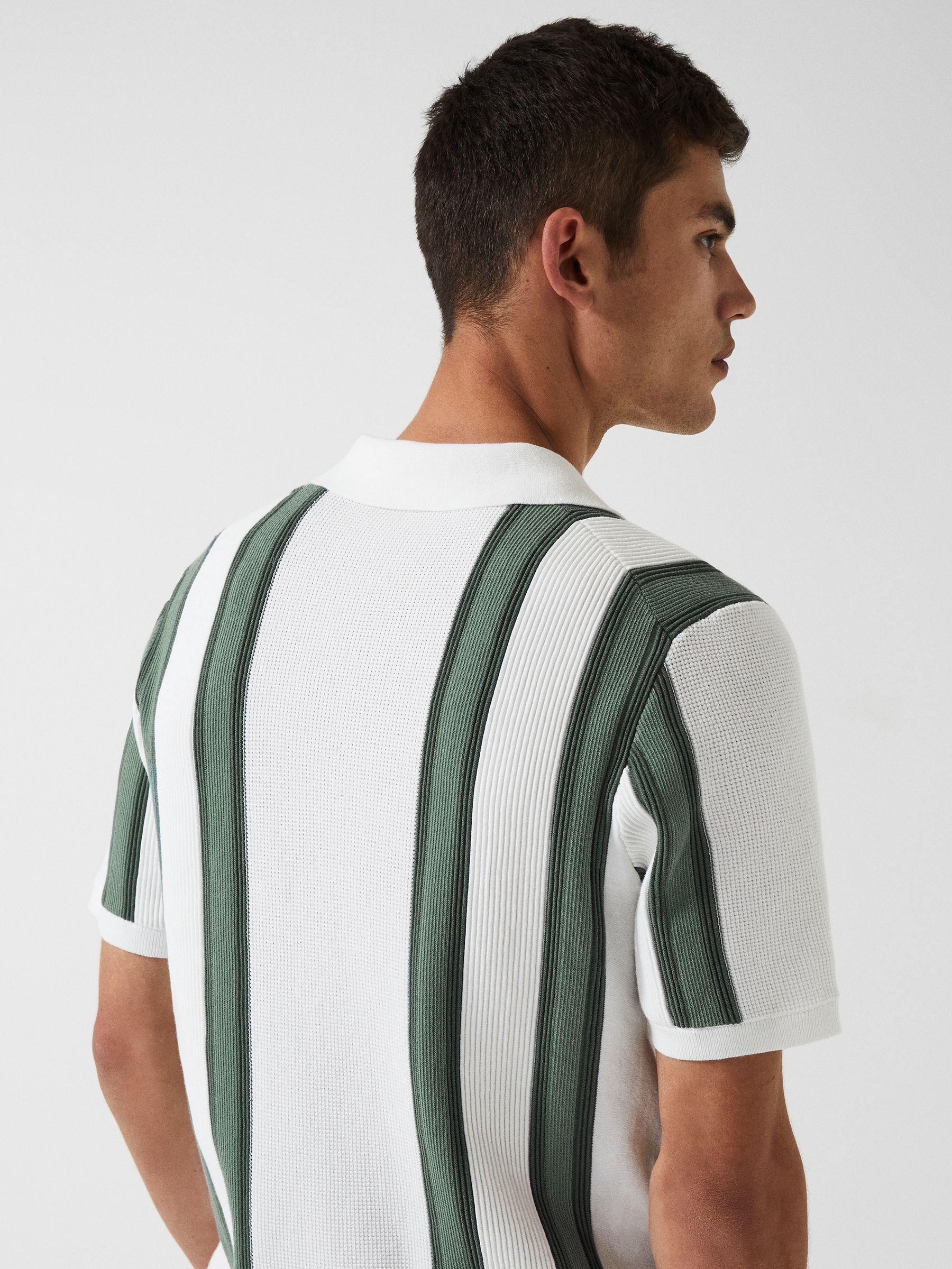 Open Collar Striped Polo T-Shirt in White/Sage Product Image