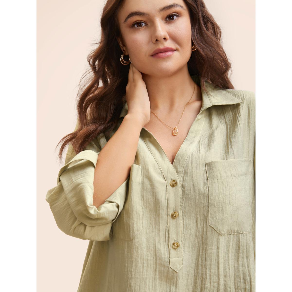 Plus Size Sage Solid Patched Pocket Tab Sleeve Blouse Women Elegant Long Sleeve V-neck Everyday Blouses BloomChic 18-20/2X Product Image