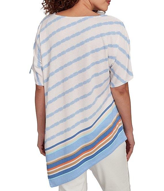 Ruby Rd. Embroidered Stripe Scoop Neck Short Sleeve Asymmetric Hem Knit Top Product Image