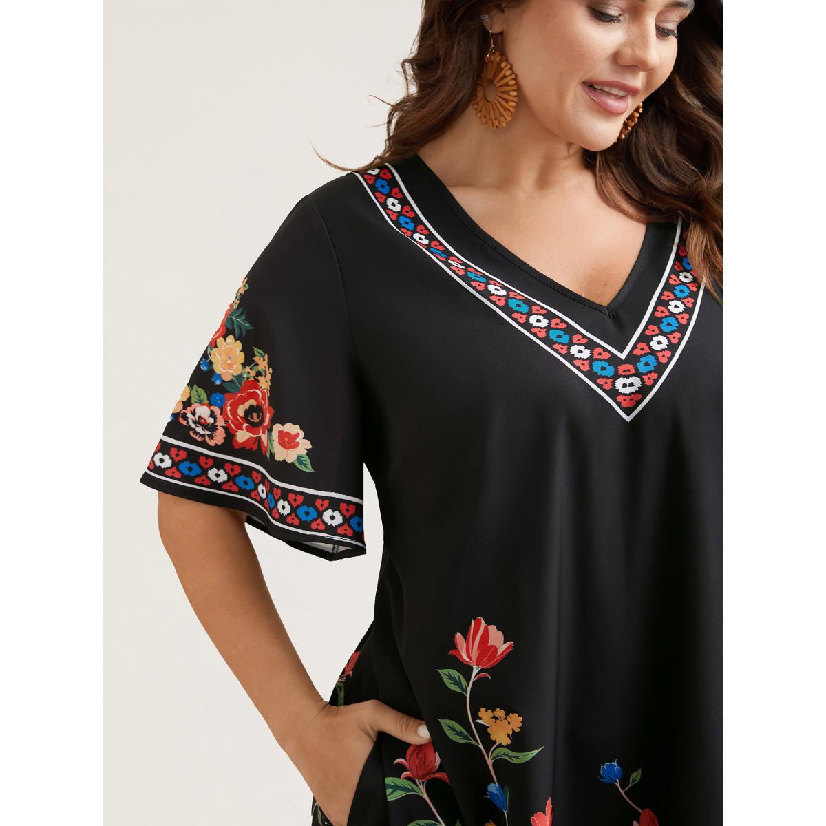 Plus Size Boho Print V-Neck Flared Sleeve Midi Dress Black Women Resort Non V-neck Short sleeve Curvy BloomChic 28/5X Product Image