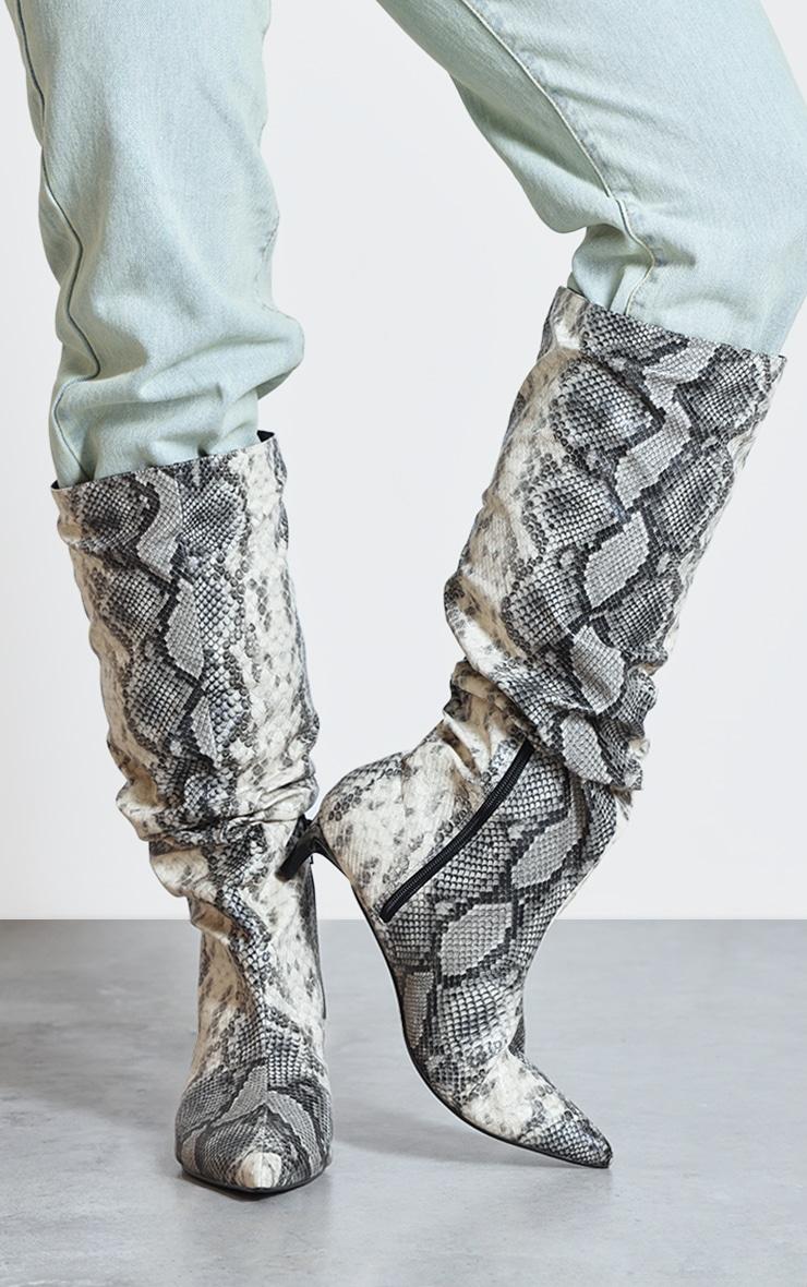 Snake Print PU Wide Fit Gathered Low Heel Knee High Boots Product Image