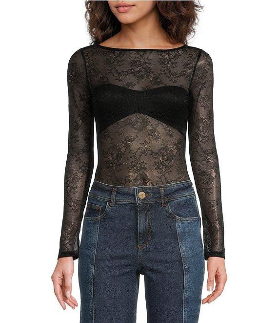 Chelsea & Violet Adams Knit Sheer Illusion Lace Boat Neck Long Sleeve Fitted Bodysuit Product Image