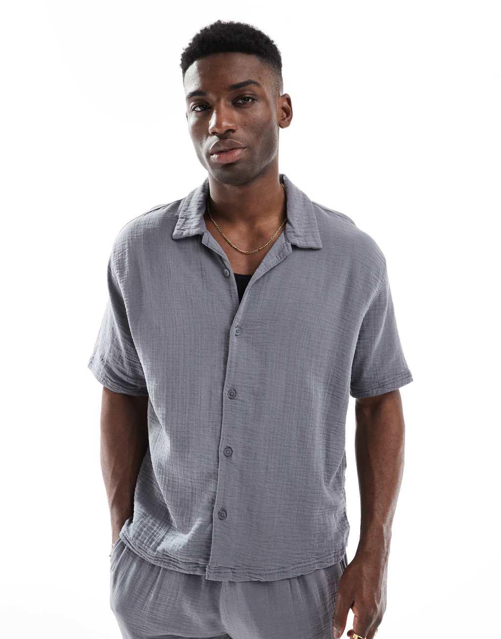 Bershka textured camp collar shirt in gray - part of a set Product Image