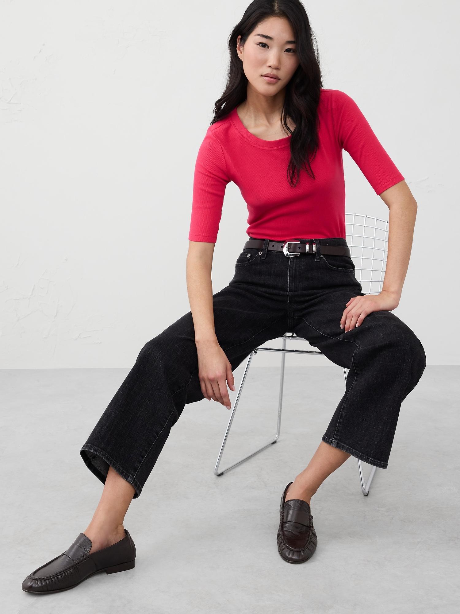 Ribbed Elbow-Sleeve T-Shirt Product Image