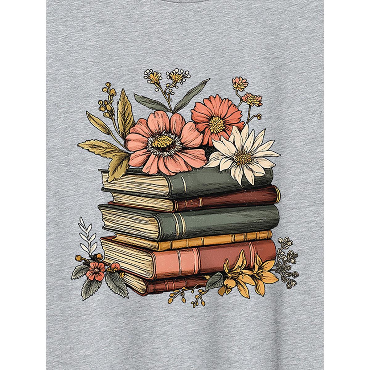 Plus Size Bookish Florals Print Round Neck T-Shirt Mediumgray Women Non Natural Flowers Round Neck Everyday-Casual T-shirts BloomChic 28/5X Product Image