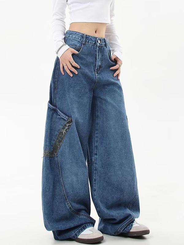 American Retro Leopard Print Stitching Boyfriend Jeans Product Image