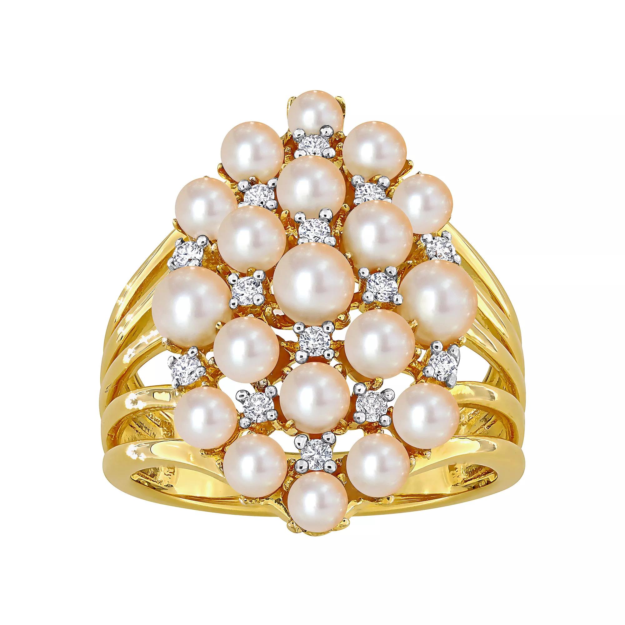 Stella Grace 18k Gold Over Silver 1/5 Carat T.W. Diamond & Freshwater Cultured Pearl Cluster Ring, Women's, Gold Tone Product Image