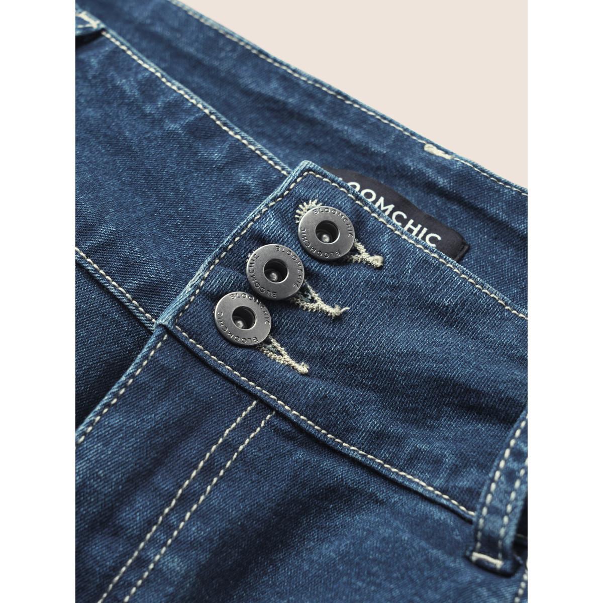 Plus Size Skinny Medium Wash Pocket Button Up Denim Shorts Women Indigo Non High stretch Everyday Slanted pocket Casual Denim Shorts BloomChic 20/2X Product Image