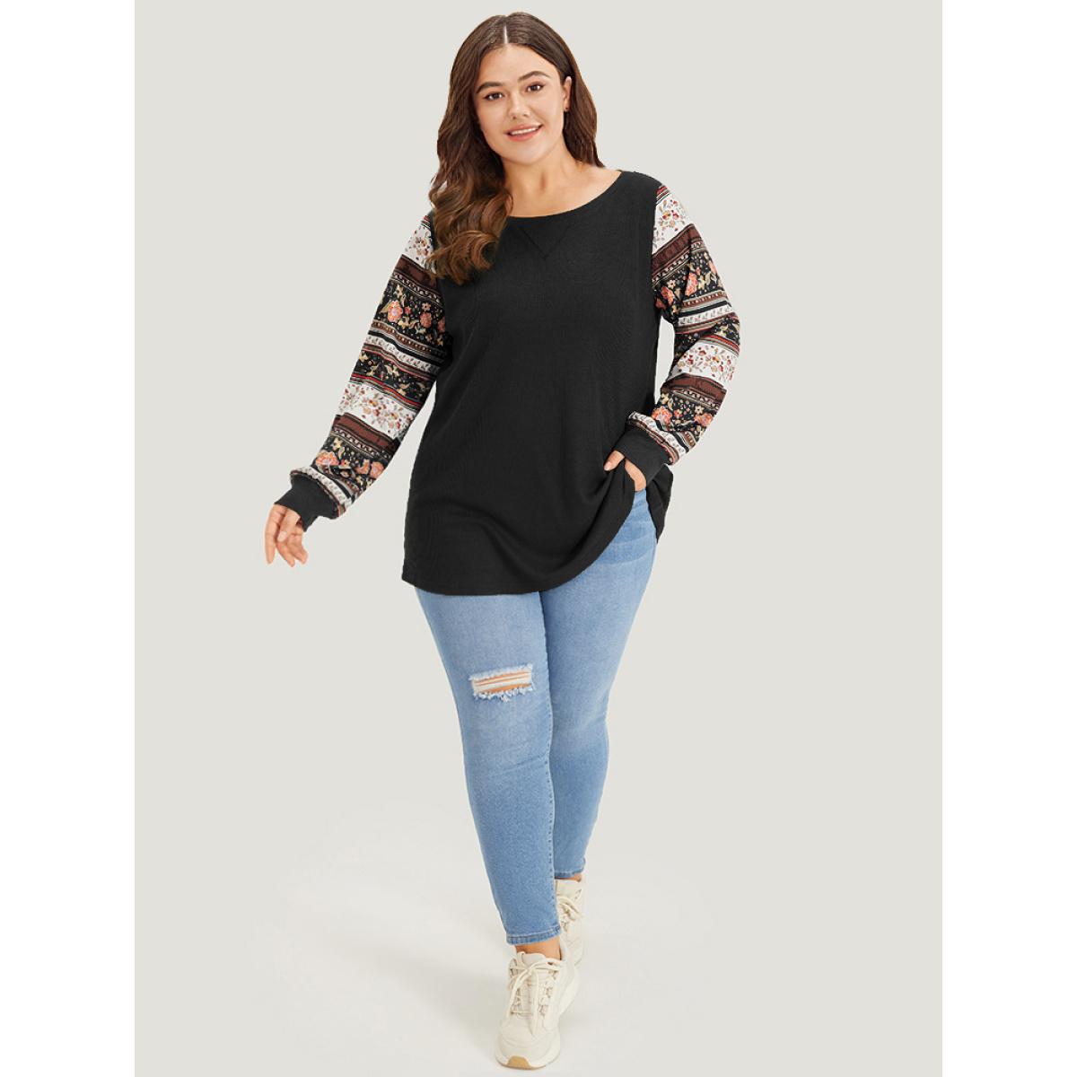 Plus Size Boho Print Patchwork Crew Neck Sweatshirt Women Black Casual Elastic cuffs Round Neck Everyday Sweatshirts BloomChic 14-16/1X Product Image