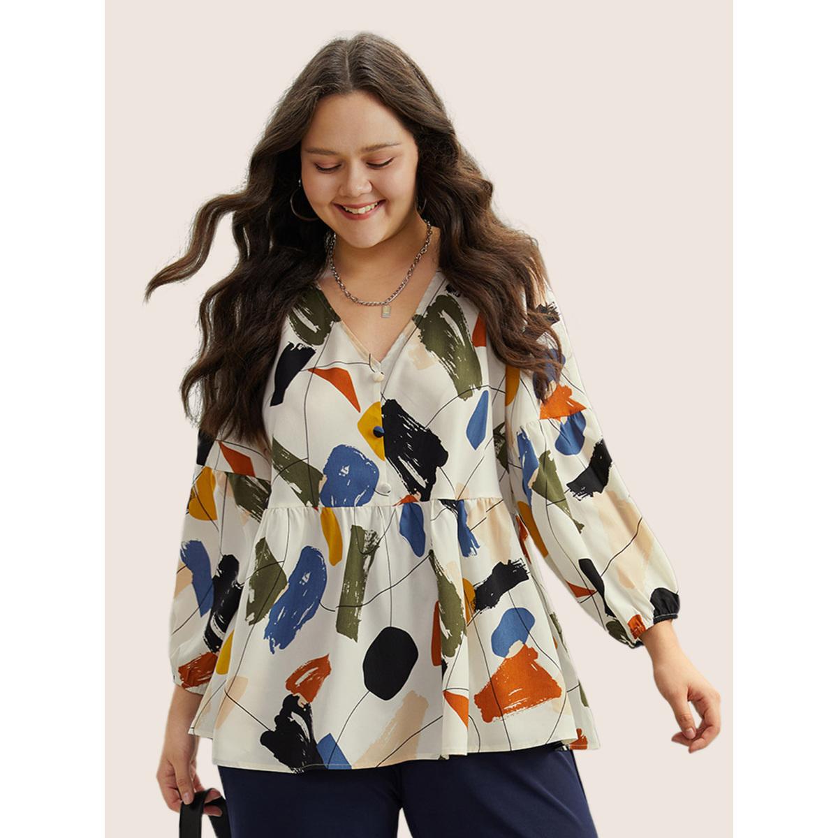 Plus Size Ivory Brush Print Button Detail Elastic Cuffs Blouse Women Playful Long Sleeve V-neck Casual Blouses BloomChic 18-20/2X Product Image
