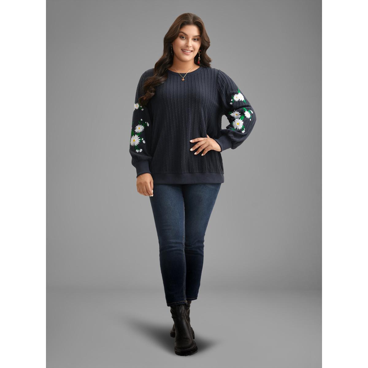 Plus Size Floral Embroidered Sleeves Sweatshirt Women Indigo Casual Texture Round Neck Everyday Sweatshirts BloomChic 10/M Product Image