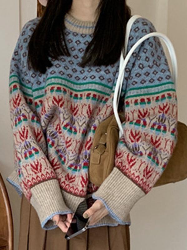 Vintage Jacquard Splice Knit Sweater Product Image