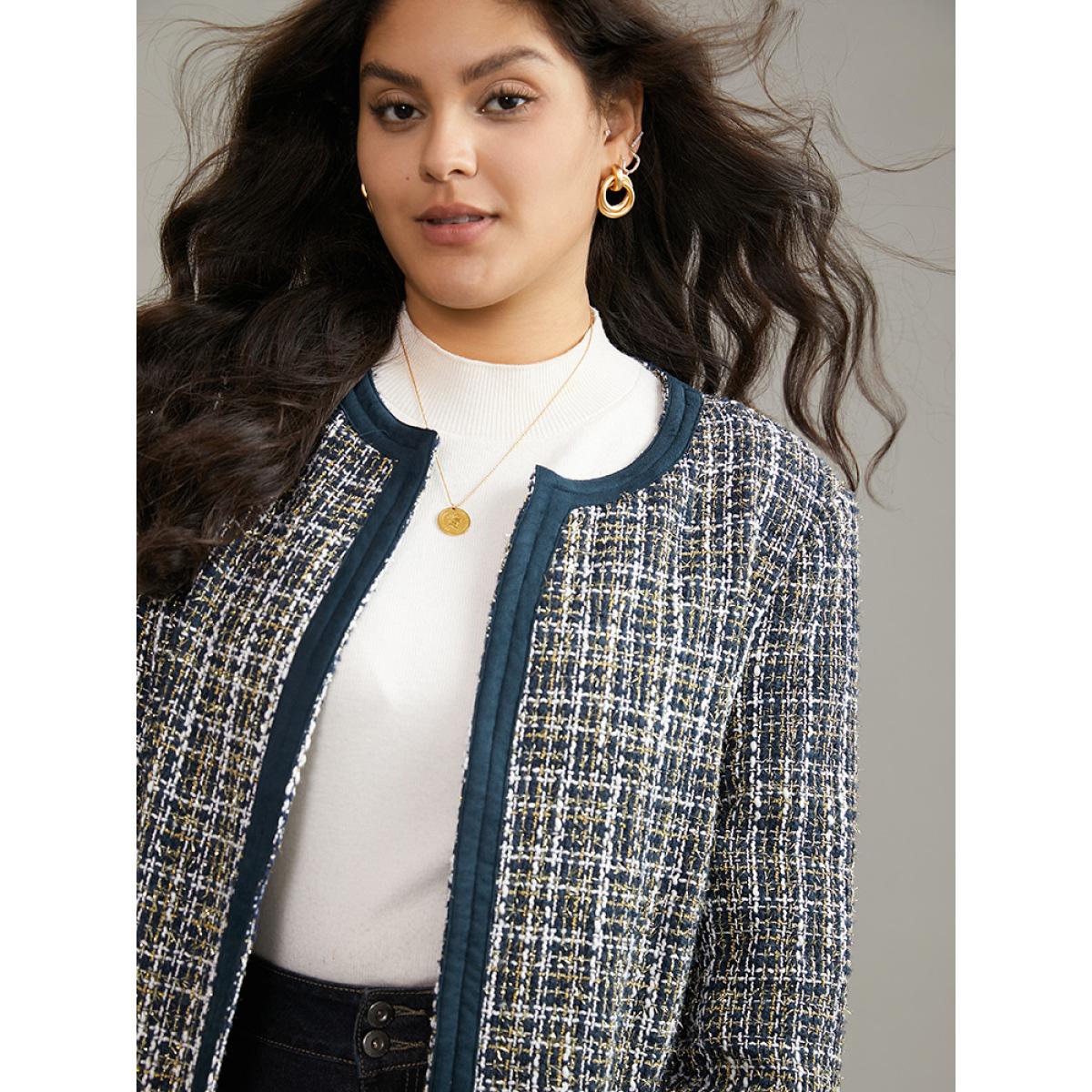 Plus Size Tweed Patchwork Contrast Pocket Jacket Women Indigo Texture Pocket Work Jackets BloomChic 30/6X Product Image