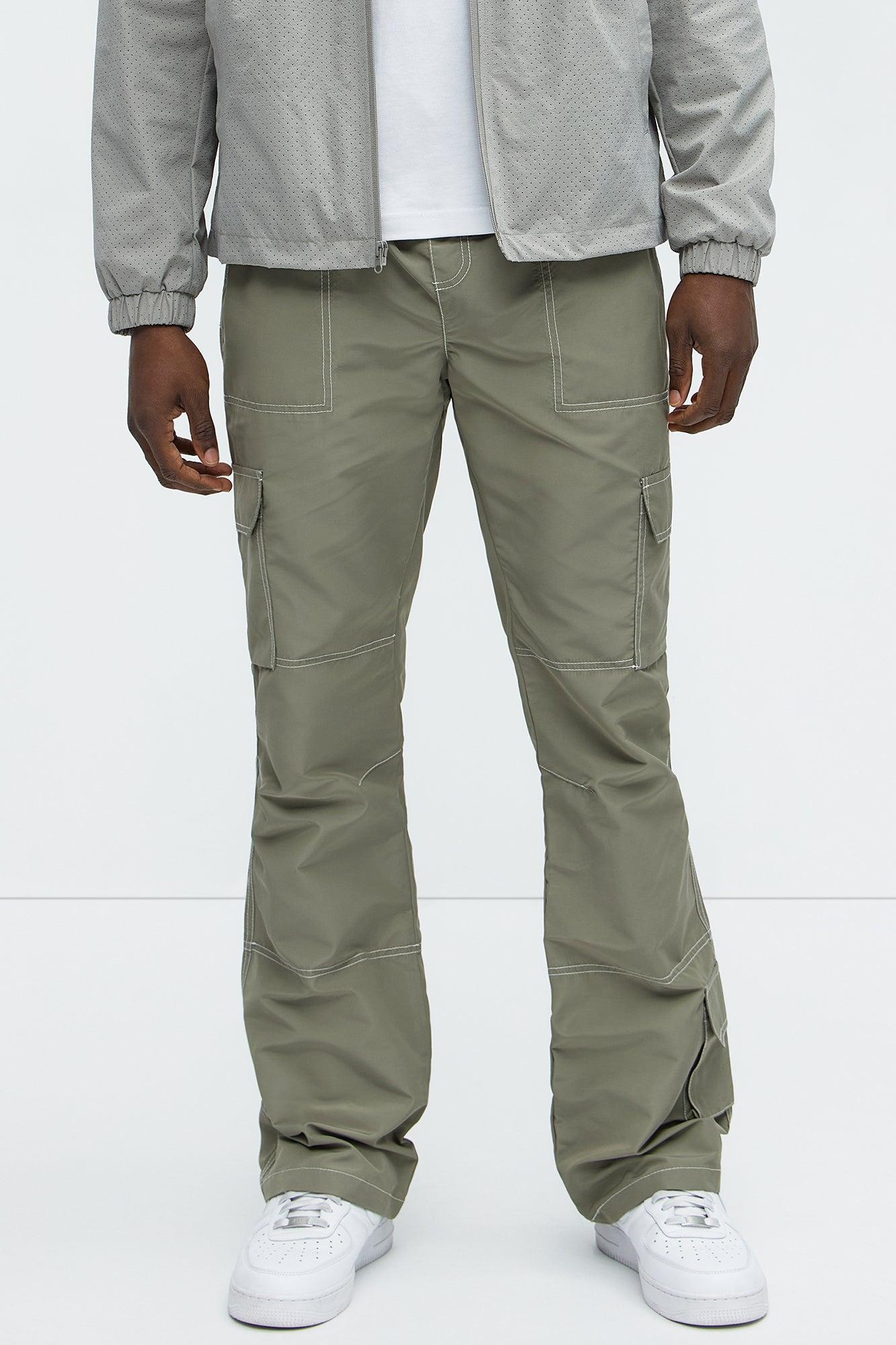 Contrast Stitch Nylon Flared Cargo Pants - Grey Product Image