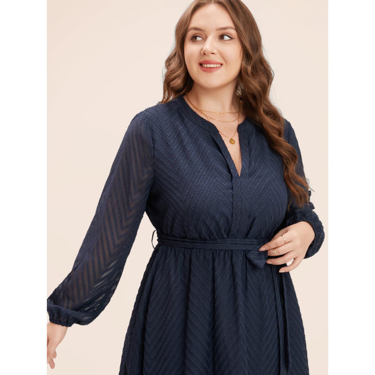 Plus Size Solid Geometric Pocket Mesh Lantern Sleeve Belted Dress Navy Women Office Pocket Flat collar with V-notch Short sleeve Curvy Midi Dress BloomChic 22-24/3X Product Image