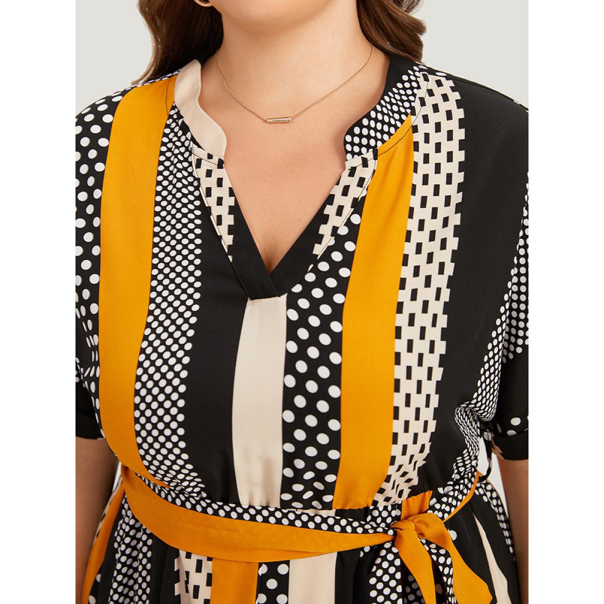 Plus Size Polka Dot Patchwork Striped Belted Notched Dress Orange Women Office Contrast Notched collar Short sleeve Curvy Midi Dress BloomChic 18-20/2X Product Image