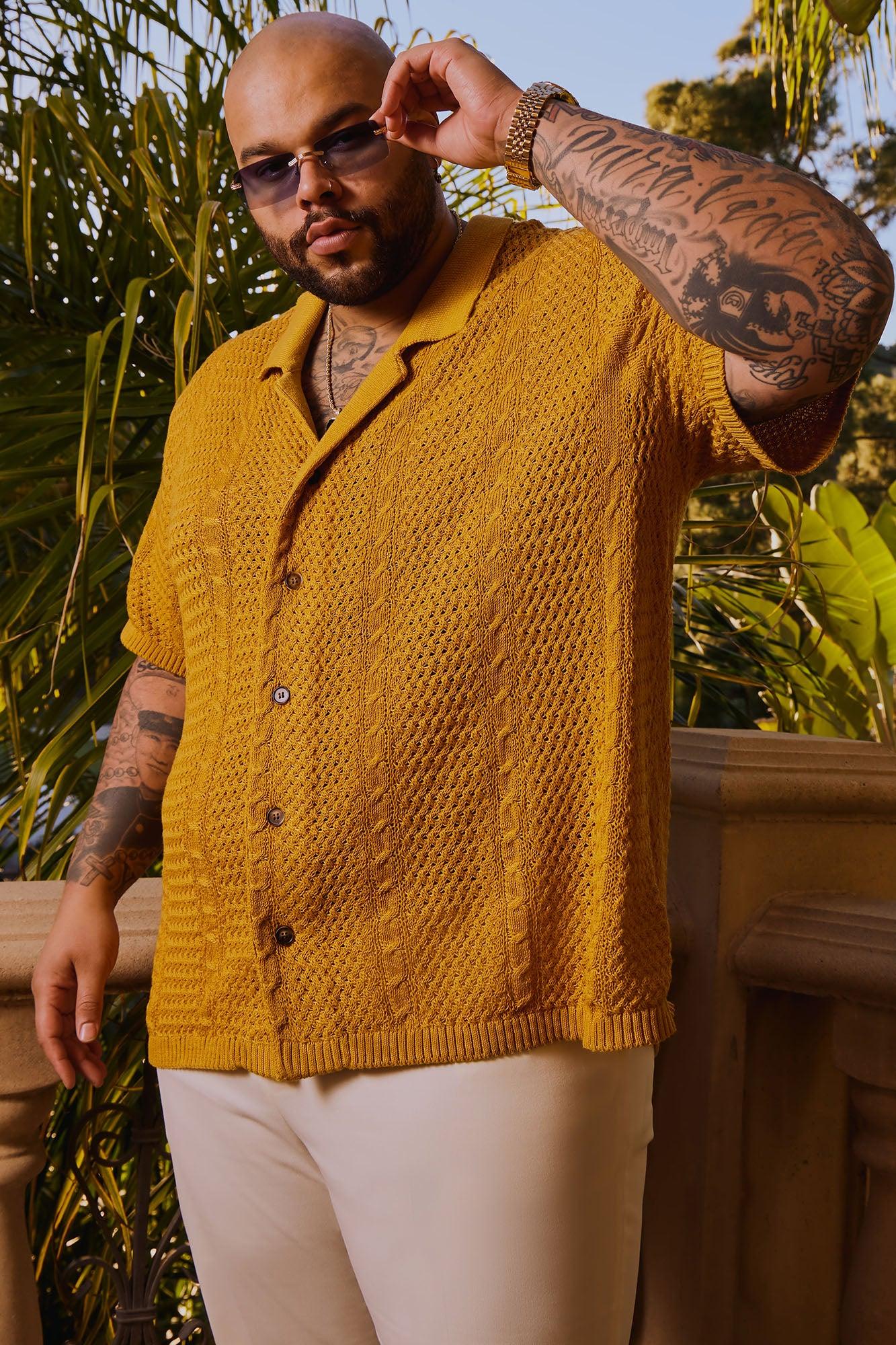 Unwind Cable Knit Short Sleeve Button Up - Mustard Product Image