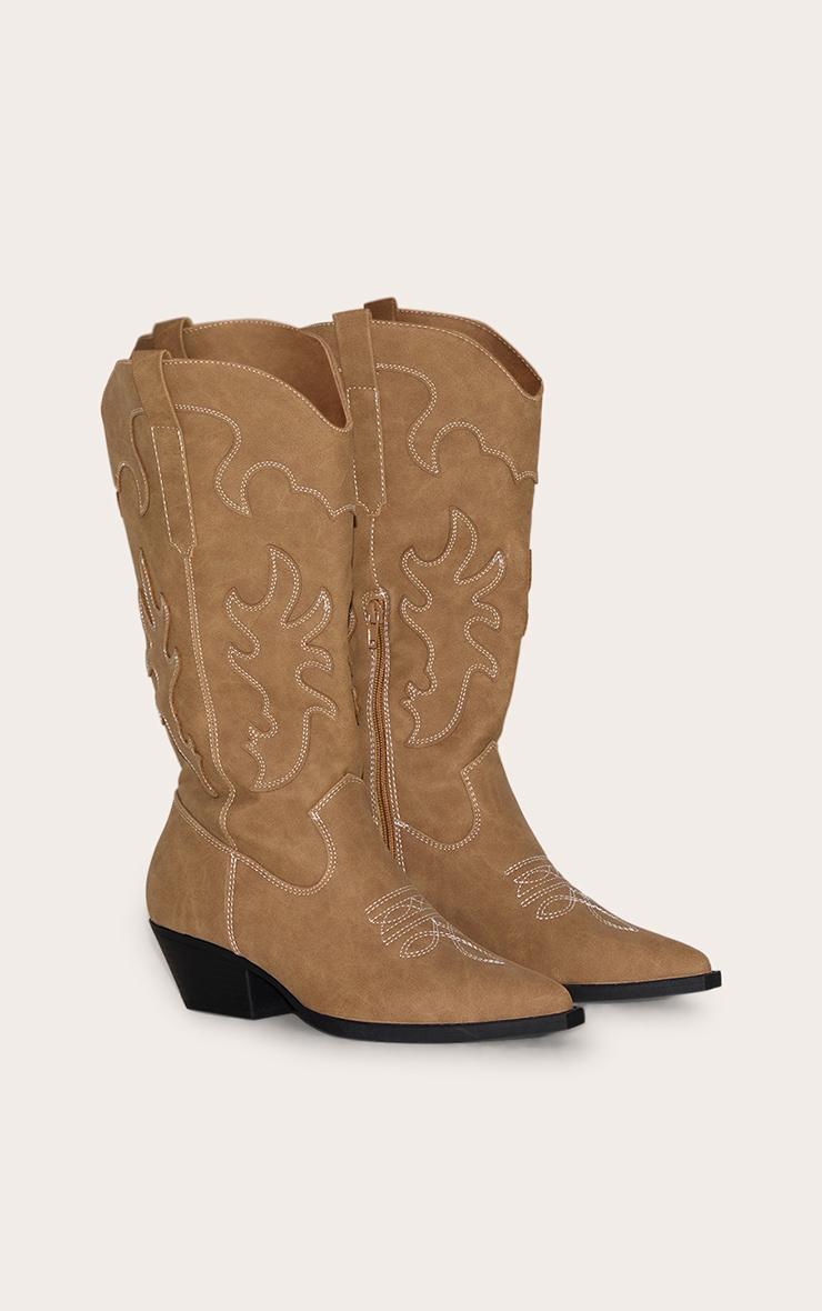 Stone Faux Suede Point Toe Low Block Heel Stitched Western Boots Product Image