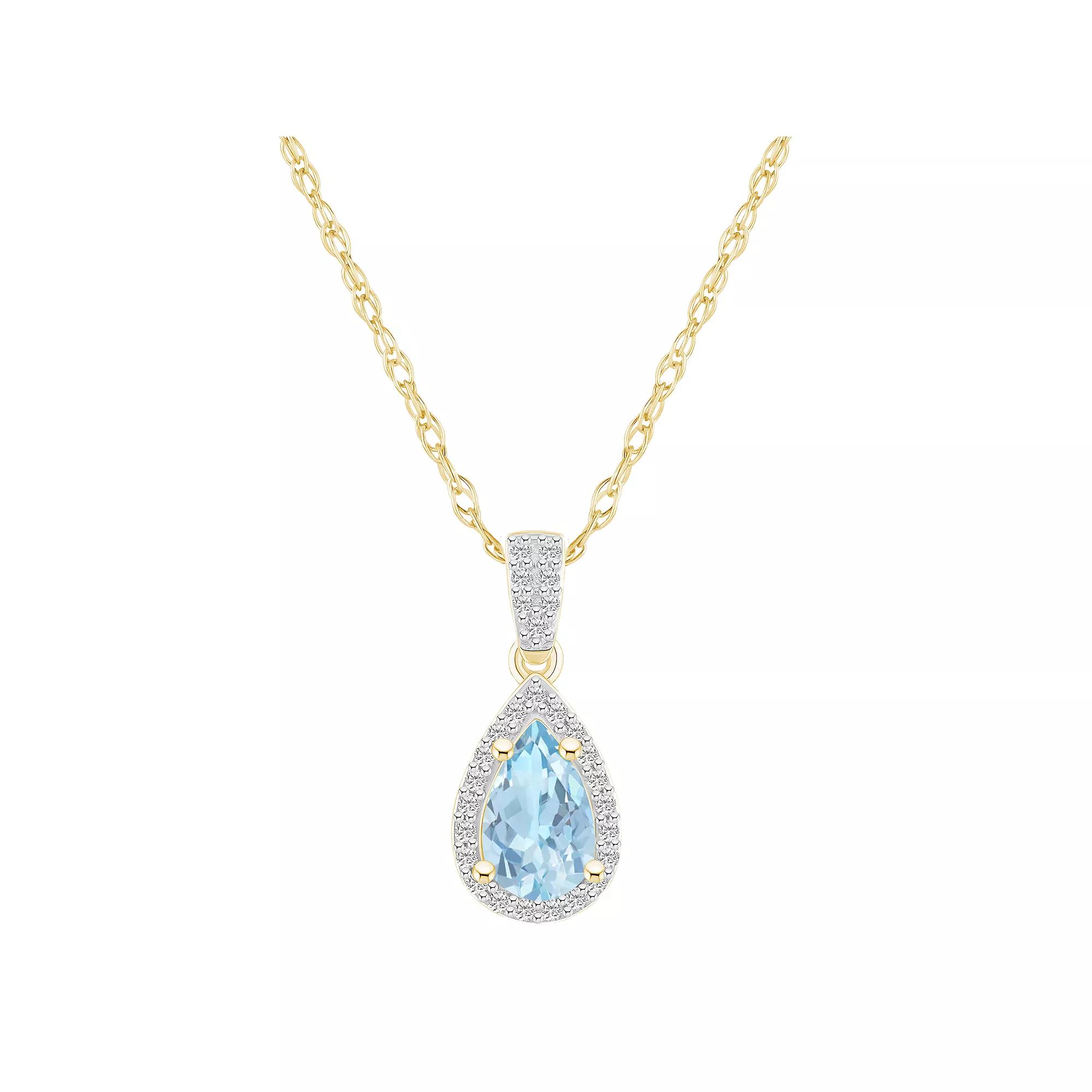 Celebration Gems 10k Gold Gemstone & Lab-Created White Sapphire Teardrop Halo Pendant Necklace, Women's, Size: 18", Simulated Aquamarine Product Image
