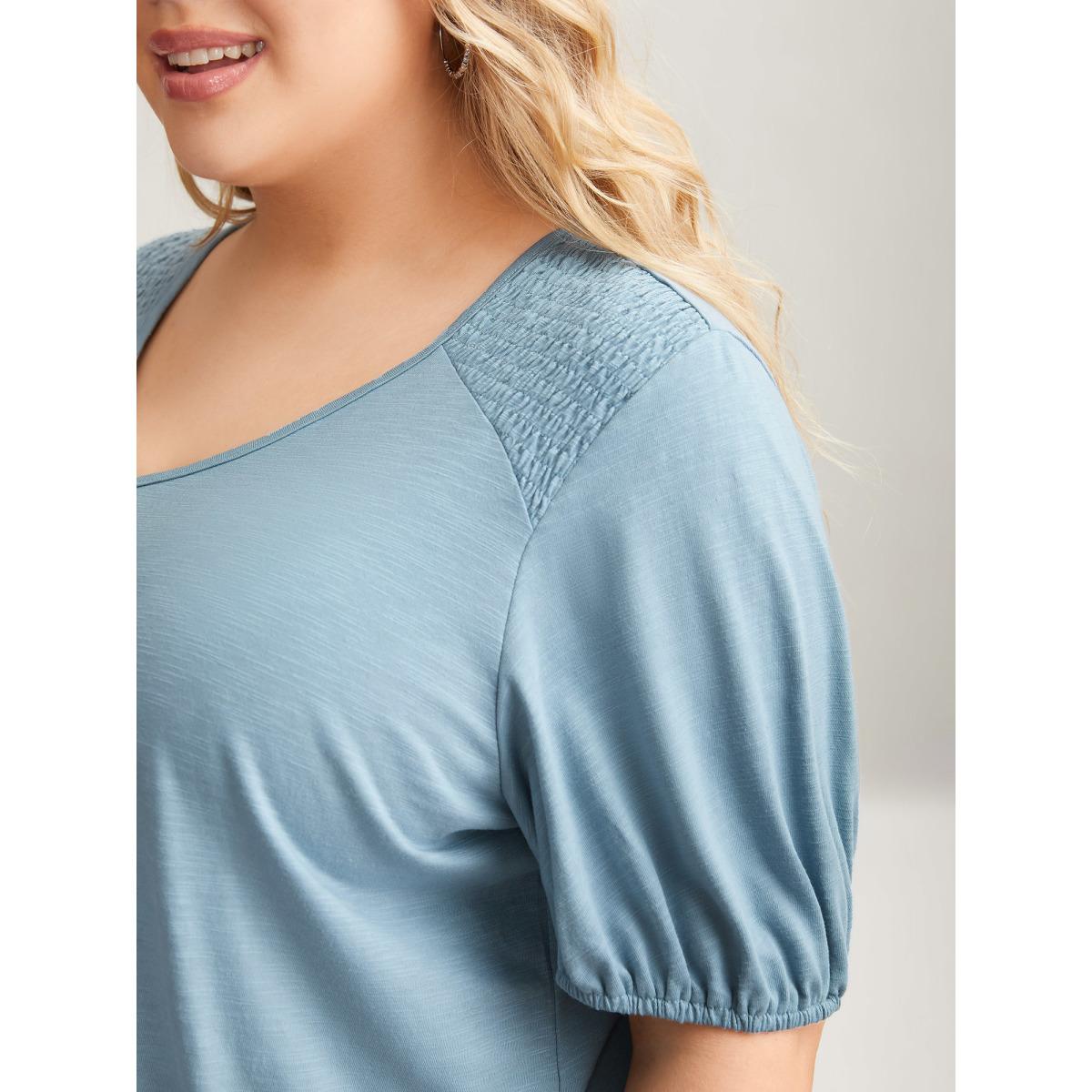 Plus Size Bamboo Shirred Shoulder V-Neck T-Shirt Stone Women Casual Shirred V-neck Everyday T-shirts BloomChic 26/4X Product Image