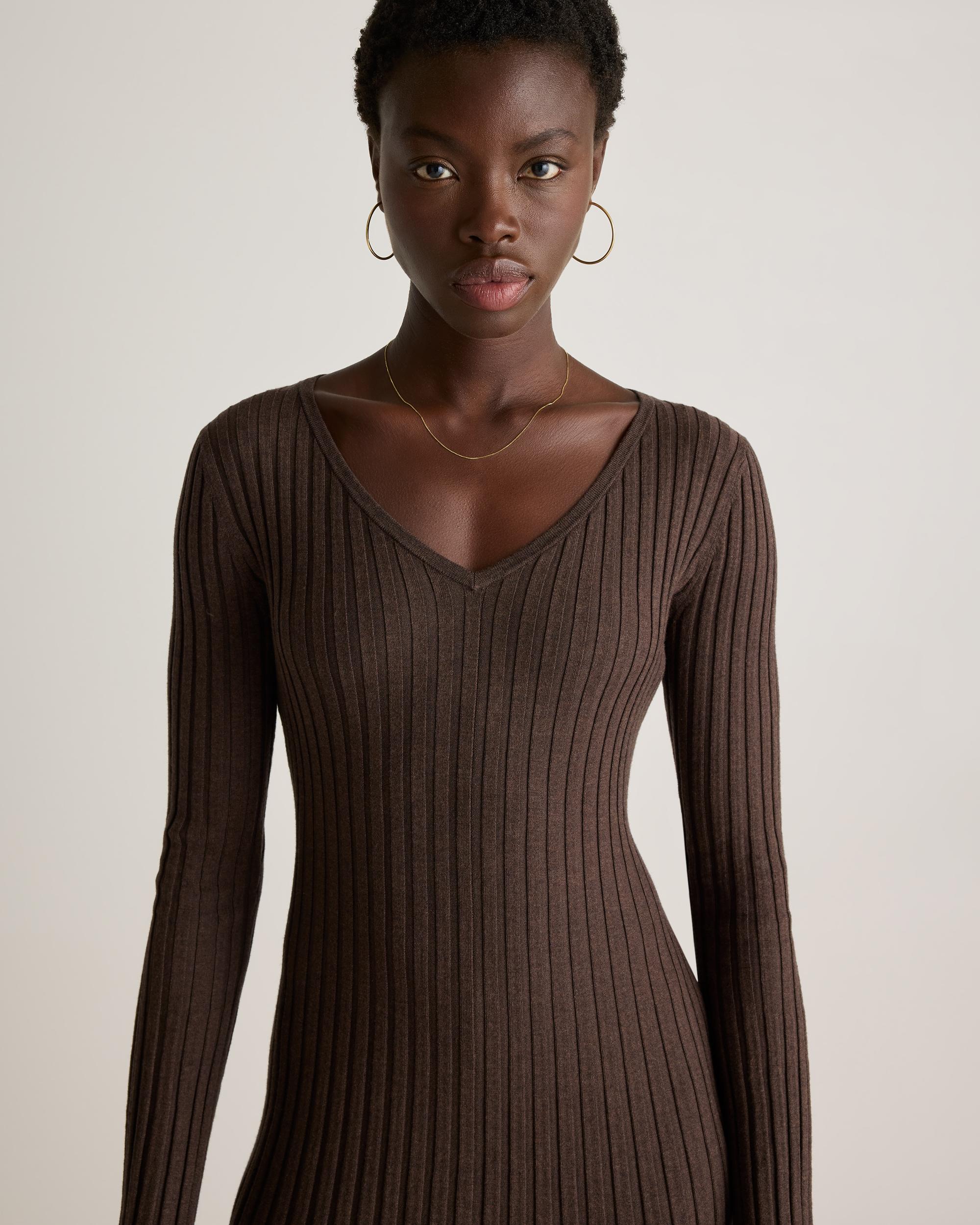 Quince | Women's Cotton Cashmere Ribbed Long Sleeve V-Neck Midi Dress Size XL Product Image