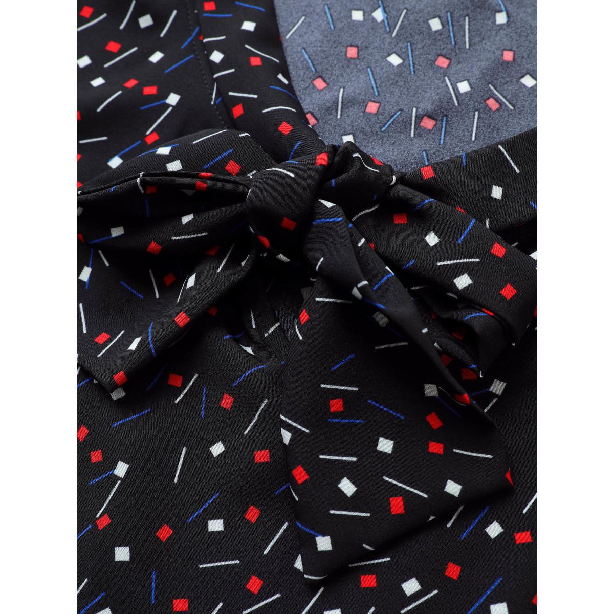 Plus Size Black Geometric Tab Sleeve Tie Neck Blouse Women At the Office Elbow-length sleeve Ribbon-tied collar Office Blouses BloomChic 12/L Product Image