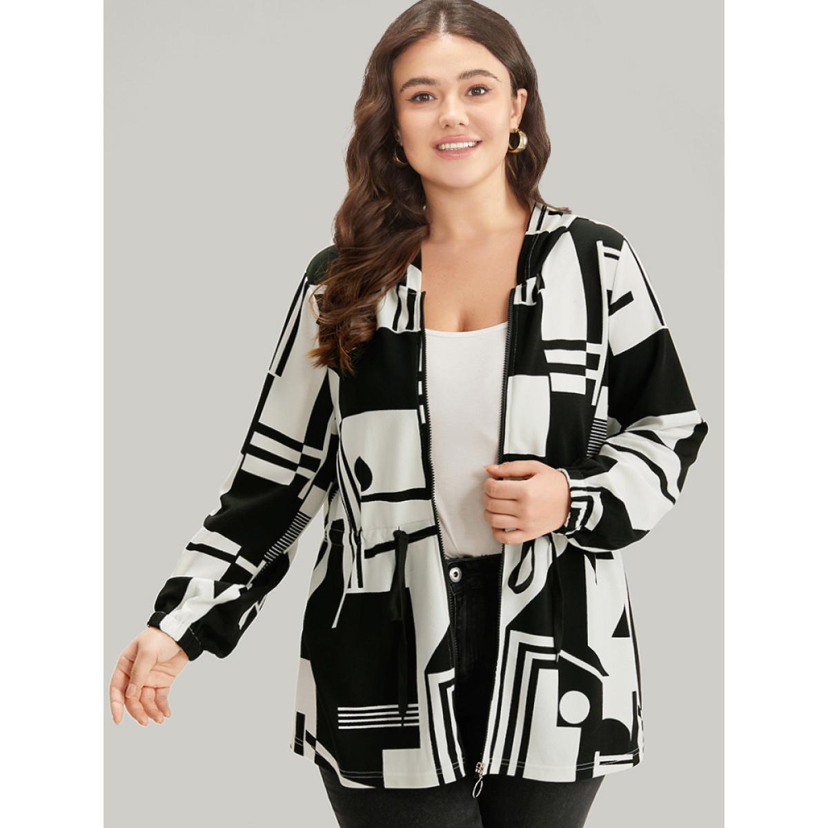 Plus Size Halloween Geometric Print Drawstring Zipper Hooded Knot Jacket Women Black Zipper Dailywear Jackets BloomChic 14-16/1X Product Image