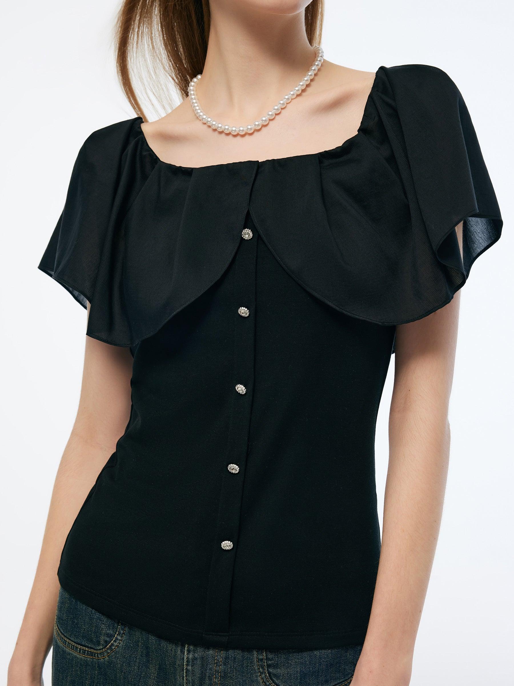 Tencel Blend Convertible Neckline Women Ruffled Top Product Image