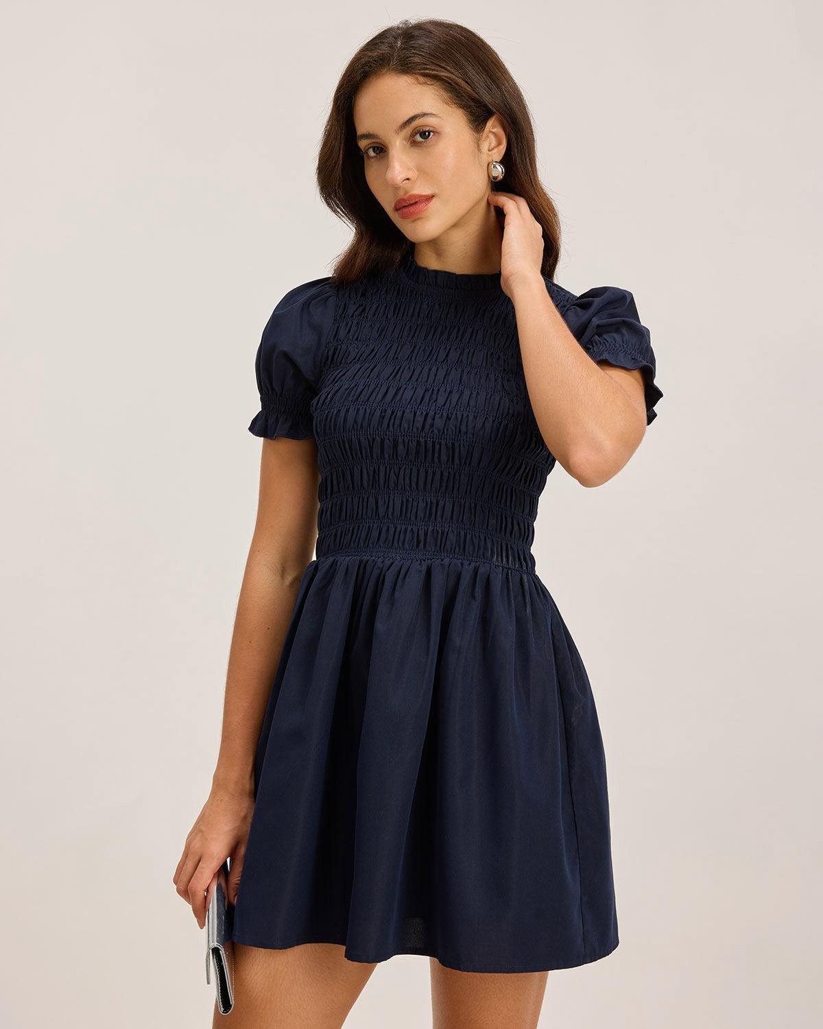 Blue Shirred Puffed Sleeve Mini Dress Product Image
