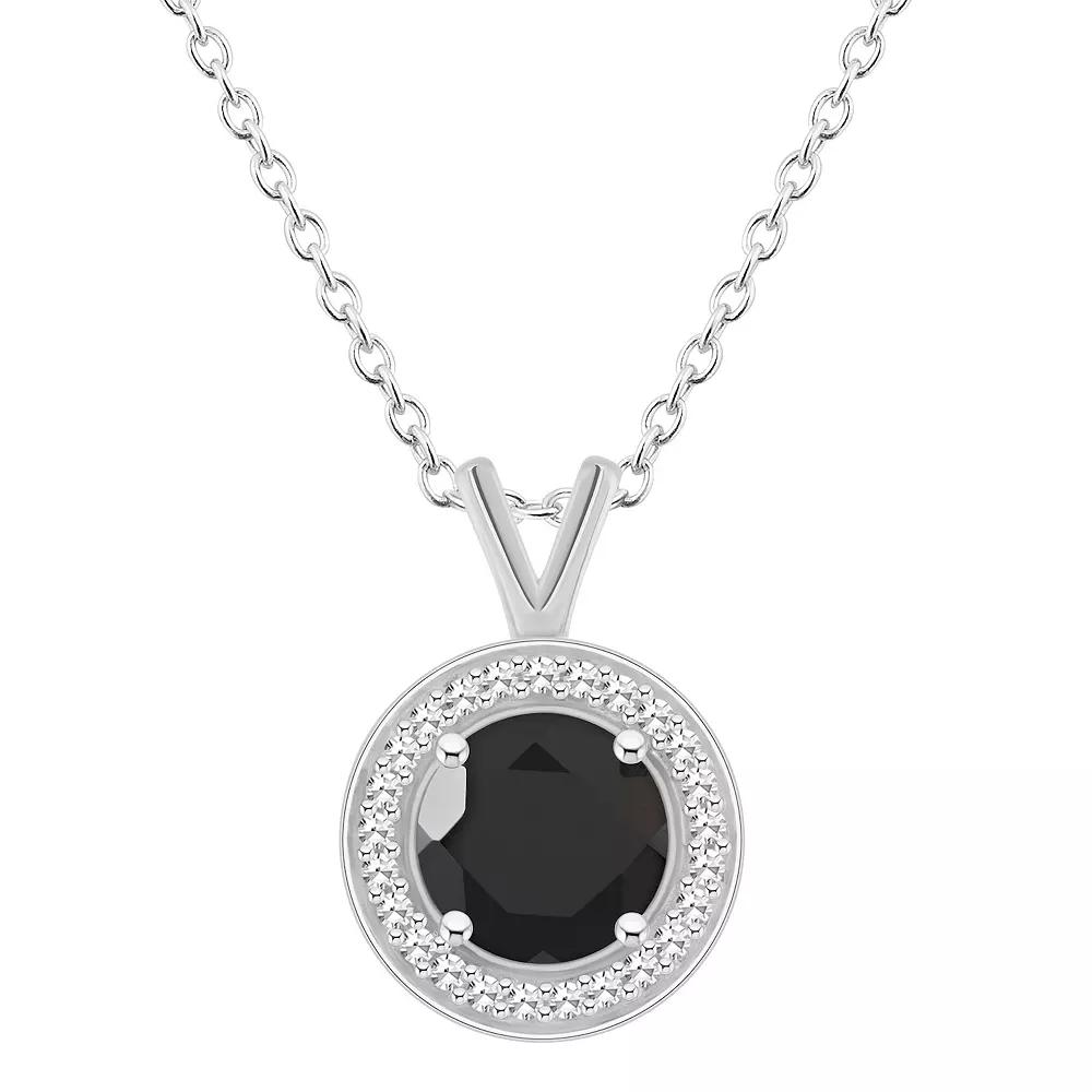 Celebration Gems Sterling Silver Round Gemstone & 1/8 Carat T.W. Diamond Halo Pendant Necklace, Women's, Size: 18", Black Product Image