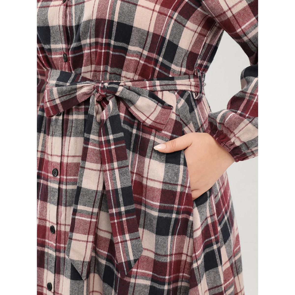 Plus Size Plaid Shirt Collar Pocket Belted Lantern Sleeve Button Up Dress Burgundy Women Elegant Shirt collar Long Sleeve Curvy Midi Dress BloomChic 28/5X Product Image