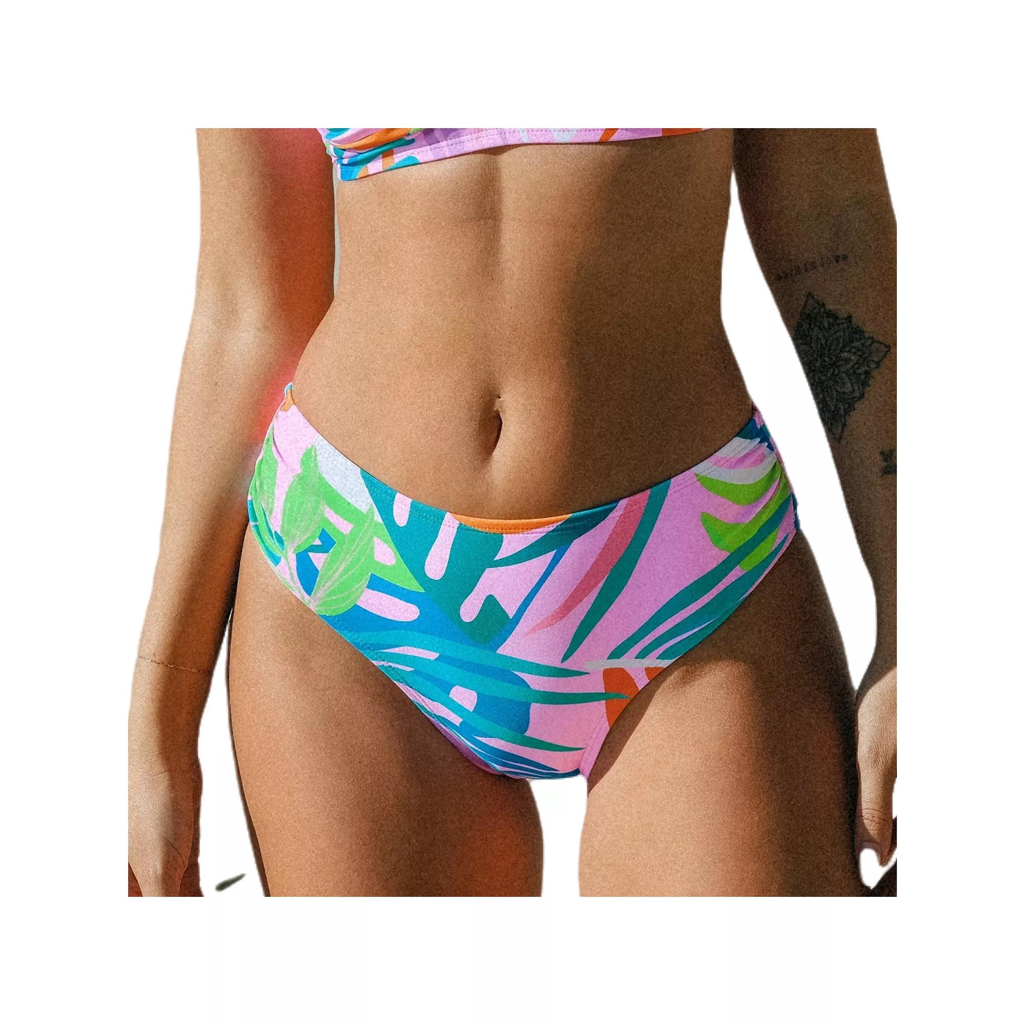 Women's Cupshe Side Shirred Mid Rise Bikini Bottoms, Size: Small, Pink Team Palm Product Image