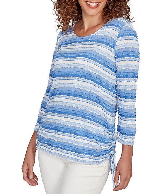 Ruby Rd. Petite Size Yarn-Dyed Eyelash Stripe Scoop Neck 3/4 Sleeve Adjustable Side Ties Top Product Image