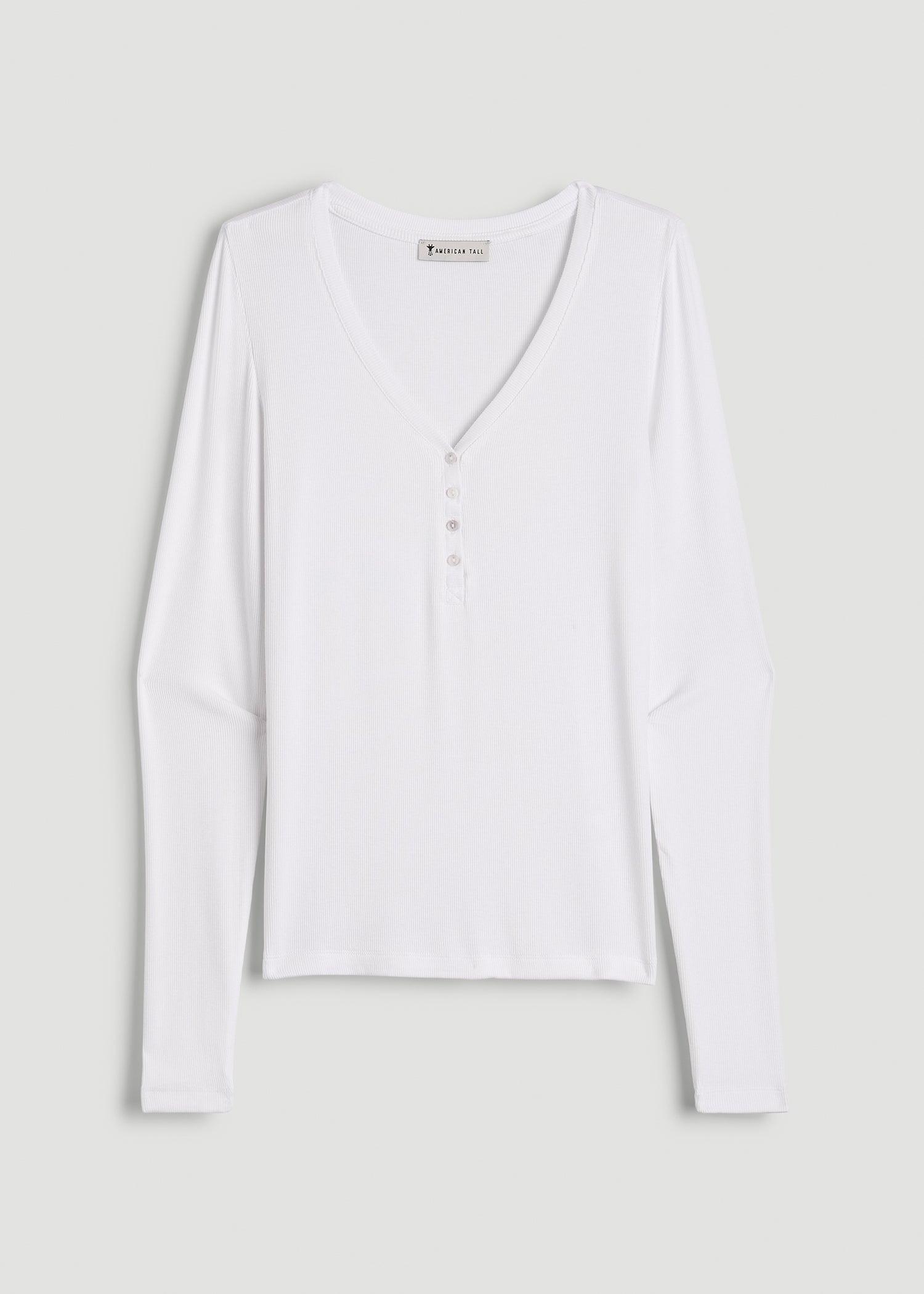 Fitted Ribbed Long Sleeve Henley for Tall Women in White Female Product Image