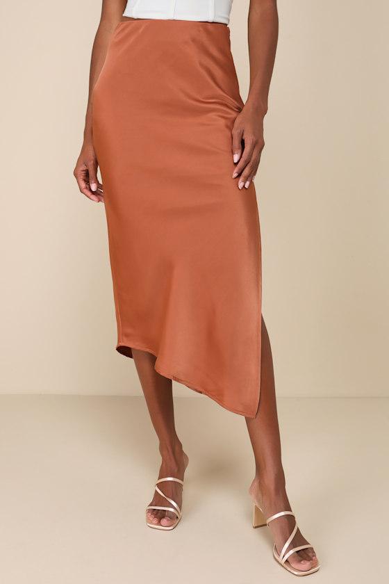 Contemporary Cutie Brown Satin High-Rise Asymmetrical Midi Skirt Product Image