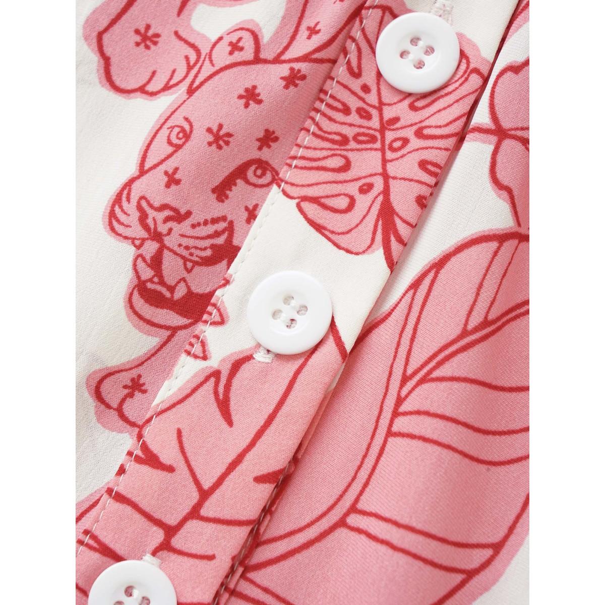 Plus Size Plants & Animal Print Notched Lantern Sleeve Dress Salmon Women Resort Non Notched collar Short sleeve Curvy Midi Dress BloomChic 12/L Product Image