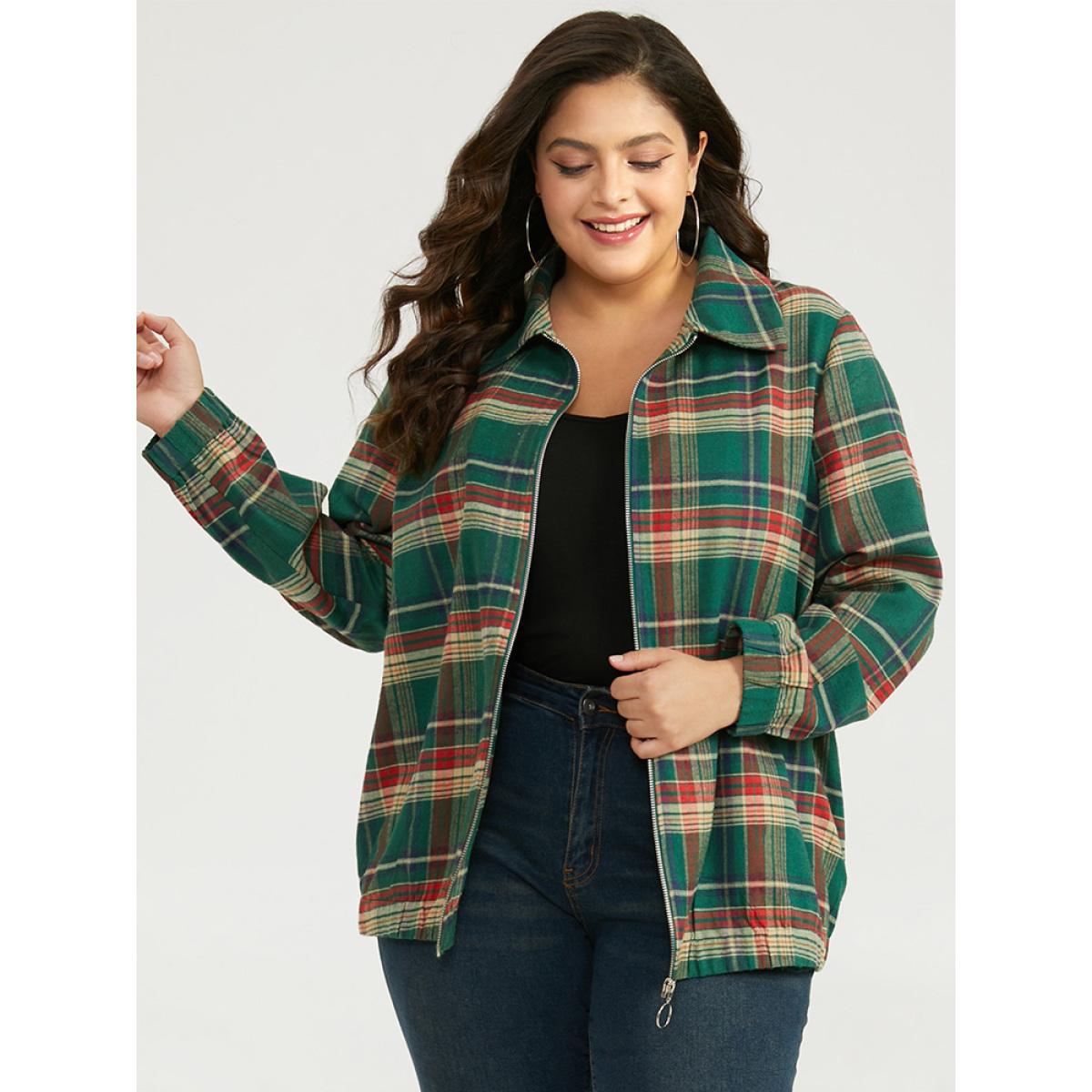 Plus Size Plaid Contrast Zipper Pocket Jacket Women Emerald Elastic cuffs Pocket Dailywear Jackets BloomChic 14-16/1X Product Image