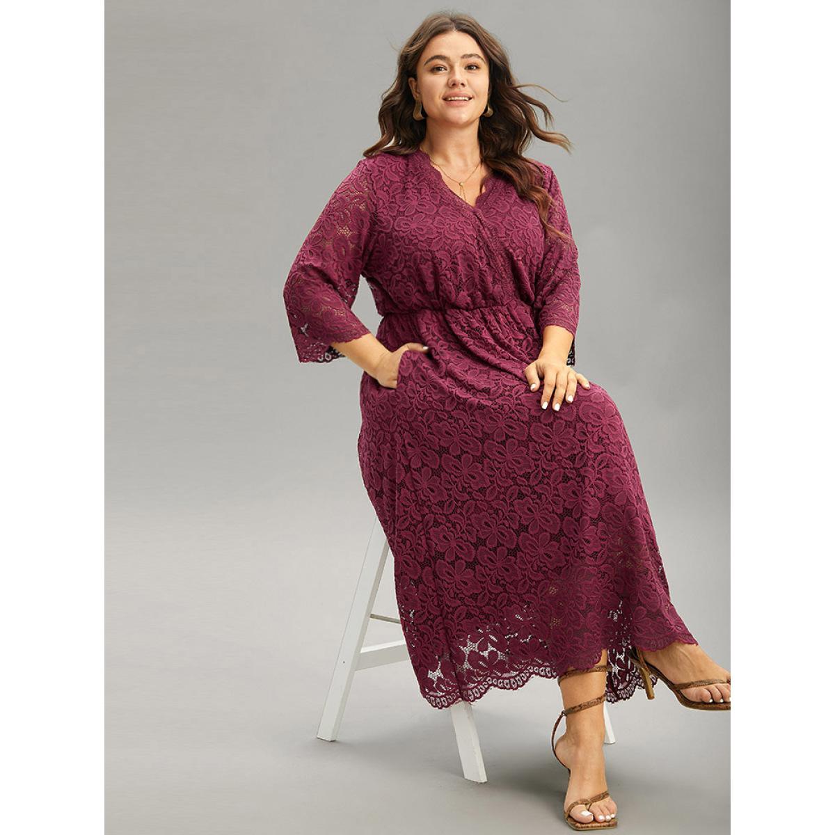 Plus Size Plain Elastic Waist Lace Patchwork Mesh Dress Scarlet Women Elegant See through V-neck Elbow-length sleeve Curvy Midi Dress BloomChic 30/6X Product Image
