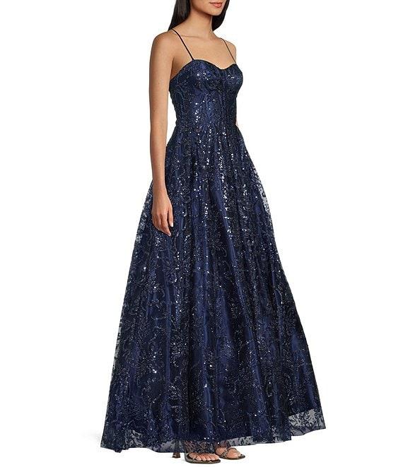 Blondie Nites Glitter Mesh Leaf Print Sweetheart Neck X-Back Tie Back A-Line Ball Gown Product Image