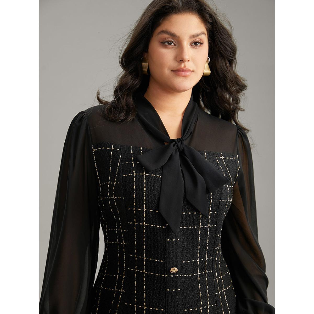 Plus Size Coarse Tweed Patchwork Chiffon Mesh Tie Neck Dress Black Women At the Office Texture Tie Neck Long Sleeve Curvy Midi Dress BloomChic 18-20/2X Product Image