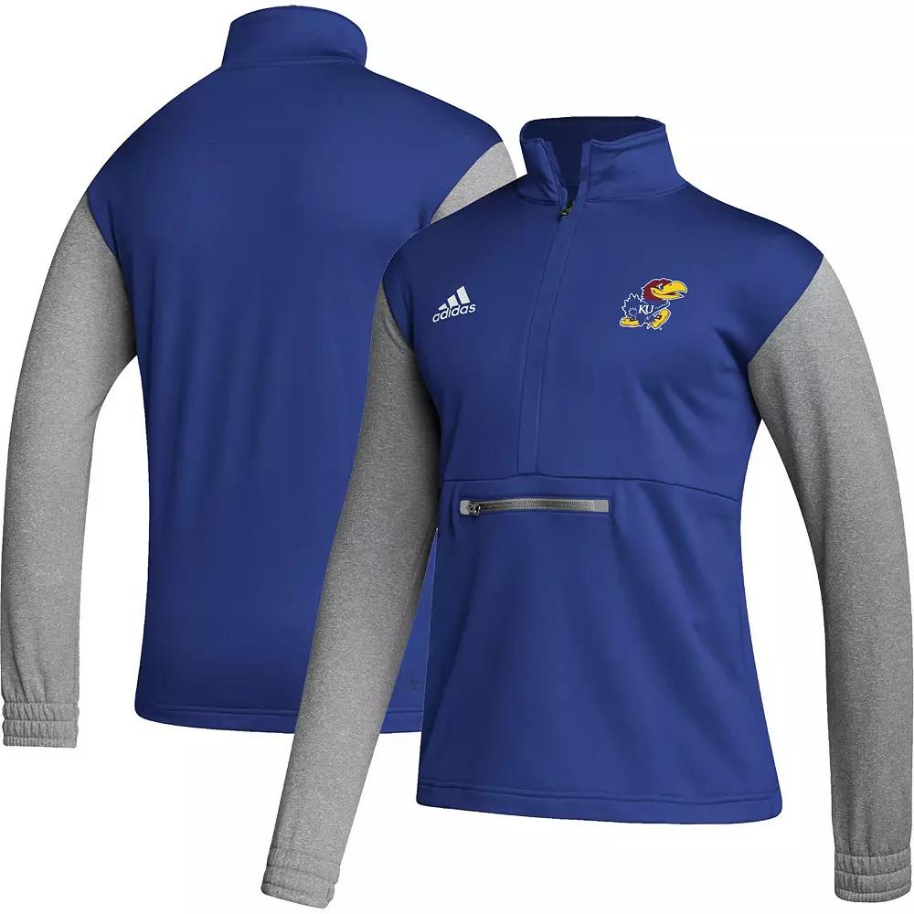 Men's adidas Royal/Heathered Gray Kansas Jayhawks Team AEROREADY Half-Zip Top,  Product Image