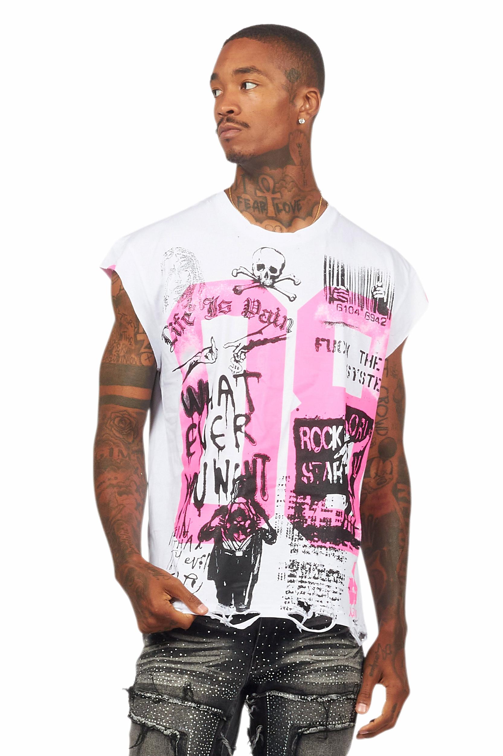 Grill White/Pink Graphic Muscle T-Shirt Male Product Image
