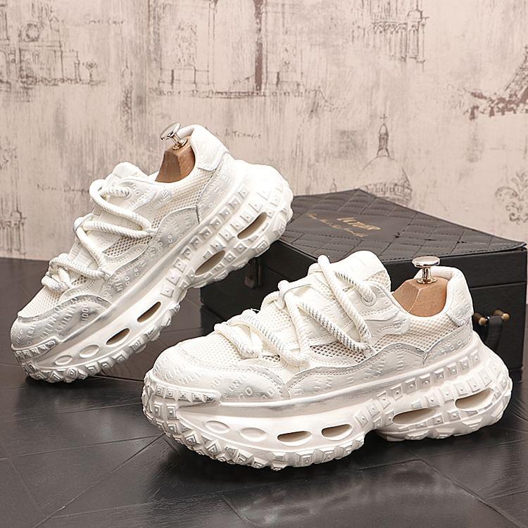 Platform Lettering Debossed Mesh Panel Lace-Up Sneakers Product Image